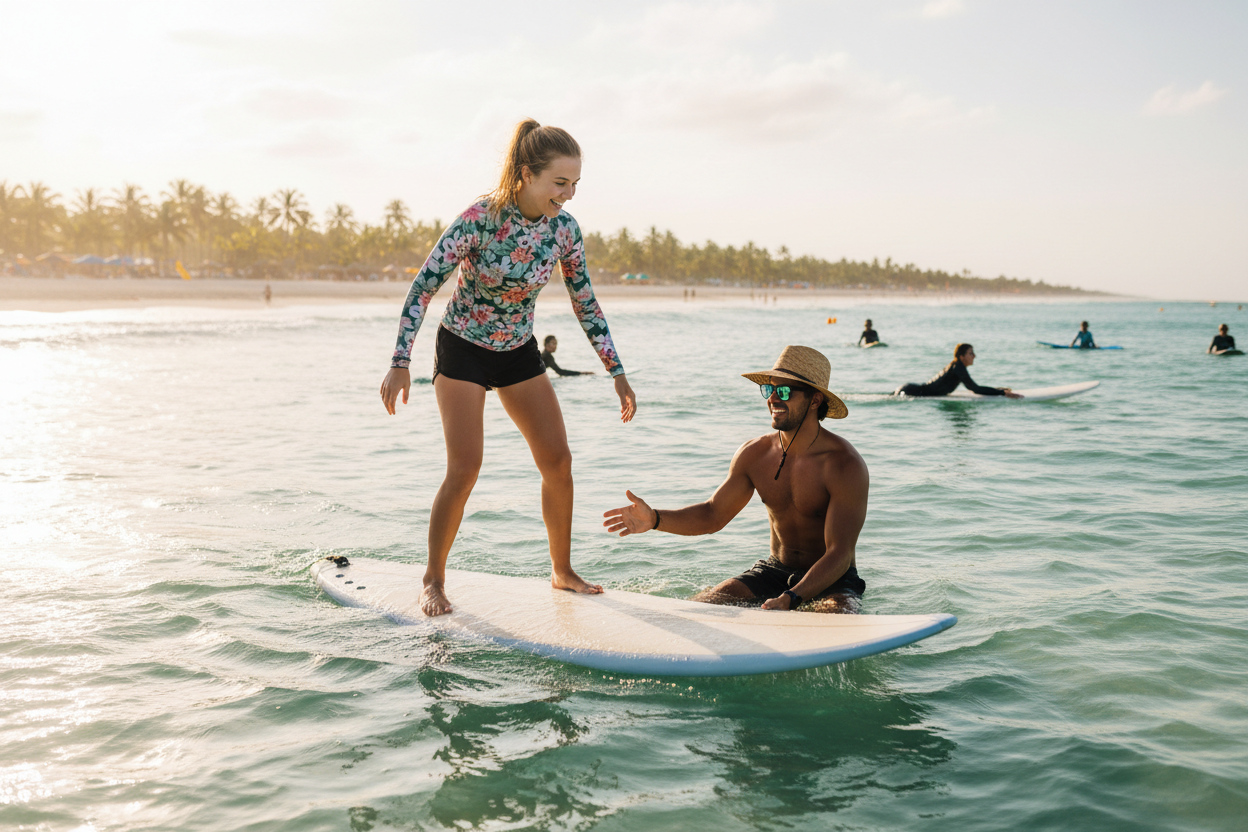 Beginner surfer taking their first surf lesson